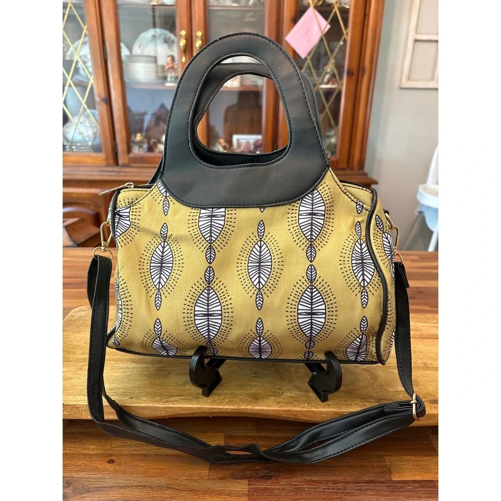 Unbranded Satchel Bag Women Medium Yellow Excellent Geometric Leaf Print Strap